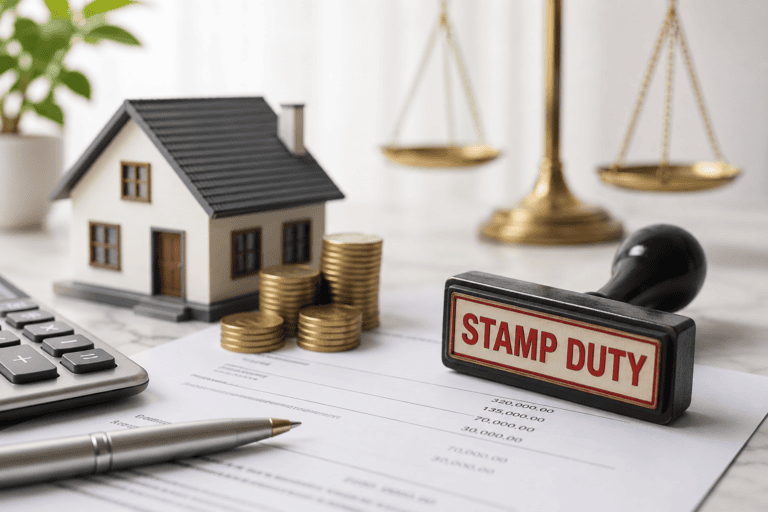 Illustration of foreign property stamp duty in Malaysia showing a property, stamp duty, calculator and legal documents relating to a property transfer.