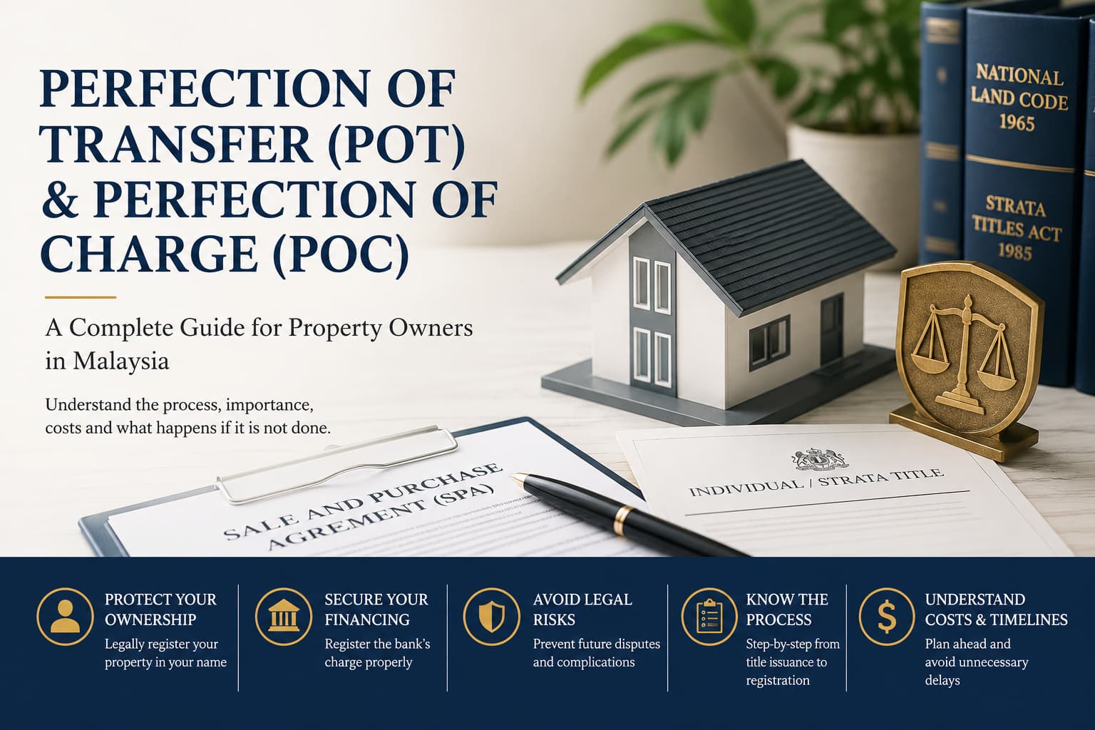Illustration of Perfection of Transfer (POT) and Perfection of Charge (POC) in Malaysia showing a house, Sale and Purchase Agreement, land title, legal documents and the property registration process.